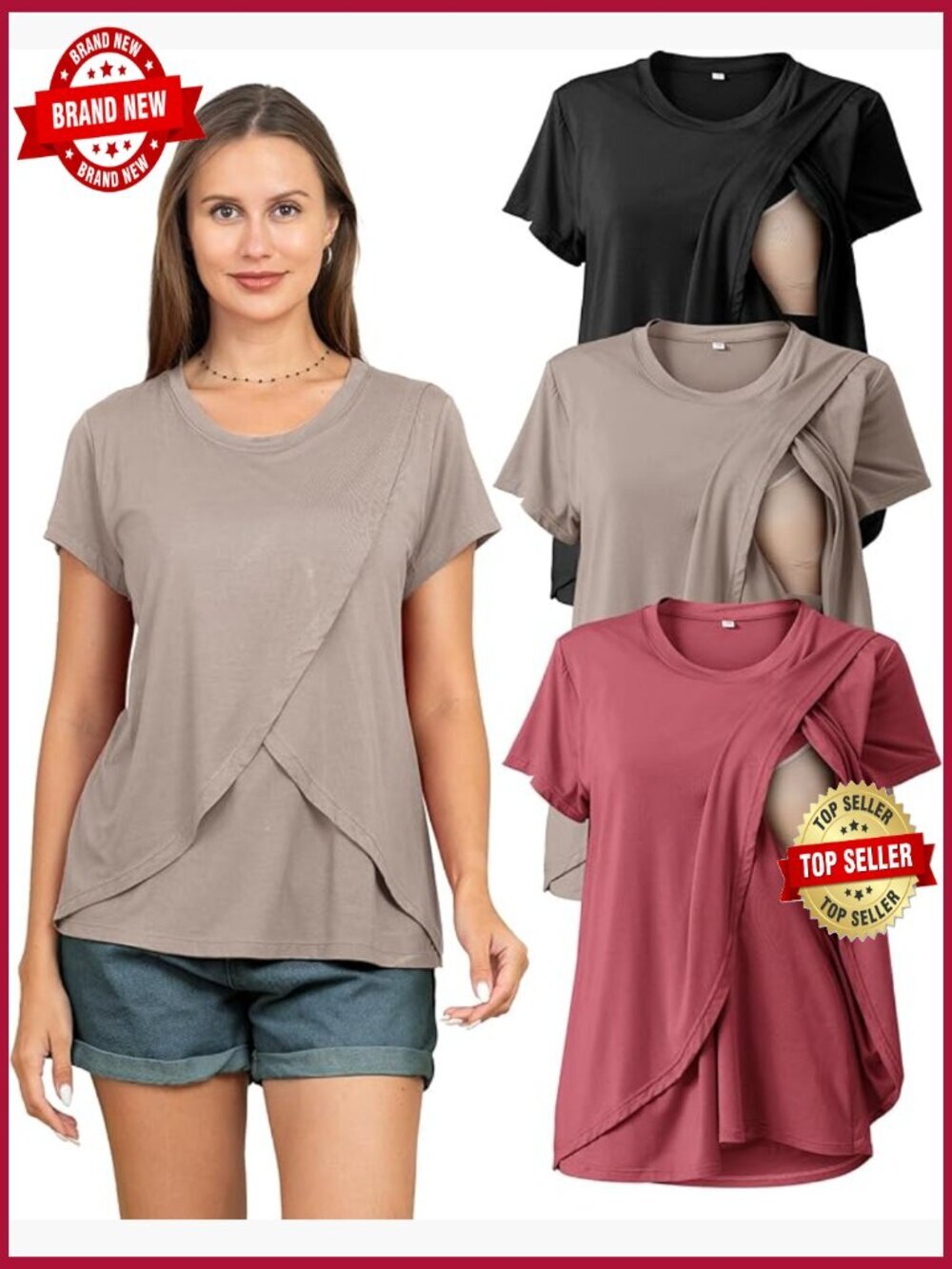 3 Pack Nursing Tops for Breastfeeding Summer Short Sleeve T Shirts Double Layer